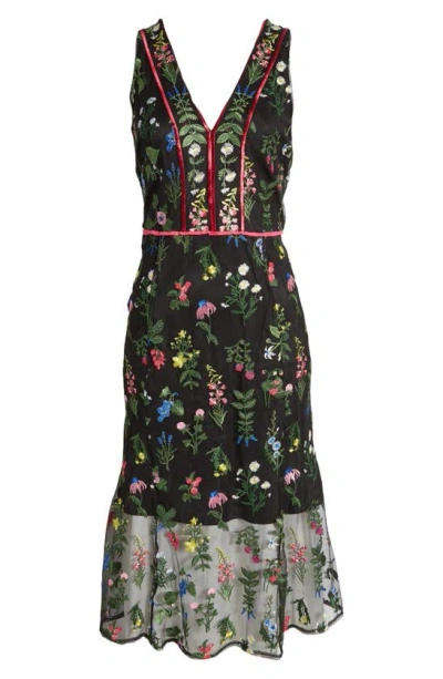 Sam Edelman Botanical Embroidered Semisheer Sleeveless Dress In Black Multi