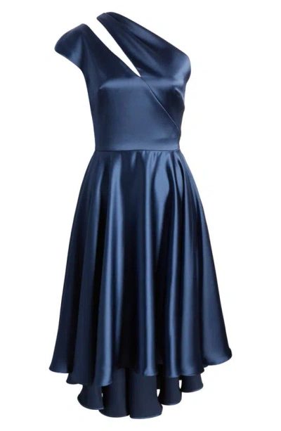 Shop Amsale One-shoulder High-low Satin Cocktail Dress In French Blue