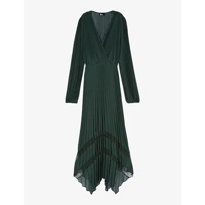 Shop The Kooples Women's Wood Kaki Asymmetric-hem Pleated Woven Maxi Dress