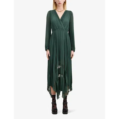 Shop The Kooples Women's Wood Kaki Asymmetric-hem Pleated Woven Maxi Dress