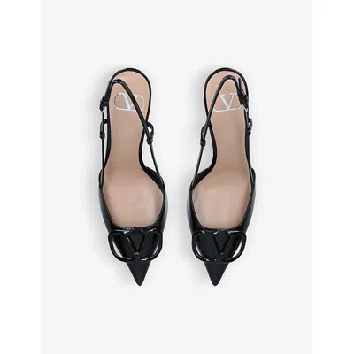 Shop Valentino Vlogo Brand-embossed Leather Heeled Courts In Black