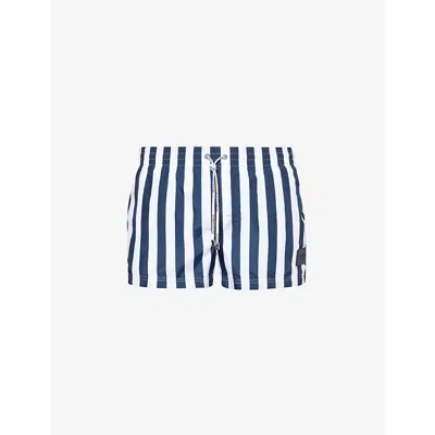 Shop Dolce & Gabbana Men's White/blue Brand-patch Elasticated-waist Swim Shorts In Riga Verticale 2x2 F