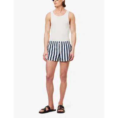 Shop Dolce & Gabbana Men's White/blue Brand-patch Elasticated-waist Swim Shorts In Riga Verticale 2x2 F
