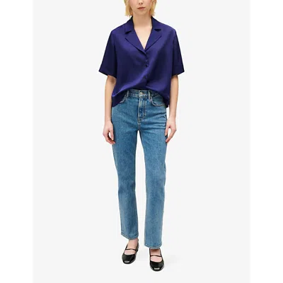 Shop Claudie Pierlot Women's Bleus Notch-lapel Cropped Woven Shirt