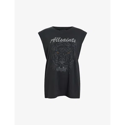 Shop Allsaints Women's Washed Black Hunter Graphic-print Relaxed-fit Cotton Tank