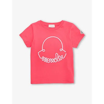 Shop Moncler Girls Fuschia Kids Logo-embroidered Short-sleeve Cotton-jersey T-shirt 4-14 Years