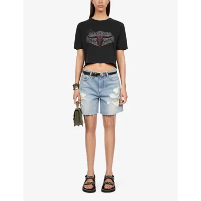 Shop The Kooples Women's Black Washed Graphic-print Cropped Cotton T-shirt