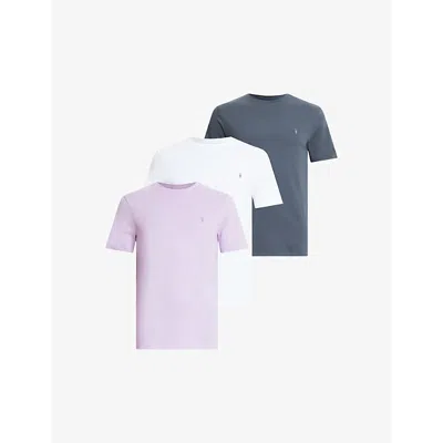 Shop Allsaints Men's Blu/suglilac/w Brace Tonic Pack Of Three Cotton-jersey T-shirts