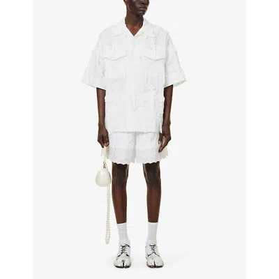 Shop Simone Rocha Men's White Bow-embellished Floral-embroidered Cotton-poplin Shirt