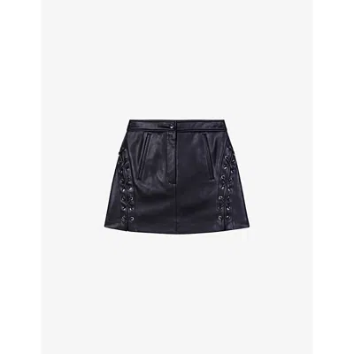 Shop Maje Women's Noir / Gris High-rise Lace-up Leather Mini Skirt