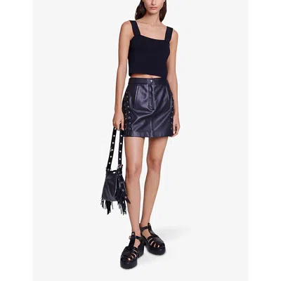 Shop Maje Women's Noir / Gris High-rise Lace-up Leather Mini Skirt