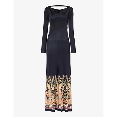 Shop Etro Graphic-print Long-sleeve Stretch-woven Maxi Dress In Print On Black Base