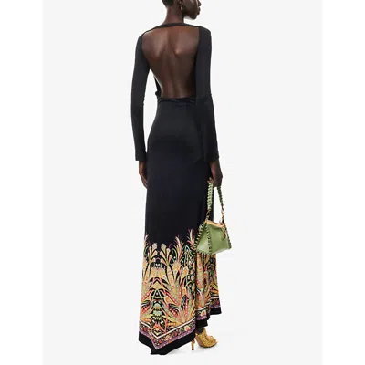 Shop Etro Women's Print On Black Base Graphic-print Long-sleeve Stretch-woven Maxi Dress