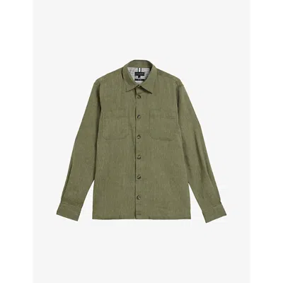 Shop Ted Baker Men's Green Lio Patch-pocket Stretch Linen-blend Shirt