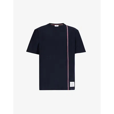 Shop Thom Browne Men's Navy Brand-stripe Crewneck Cotton-jersey T-shirt