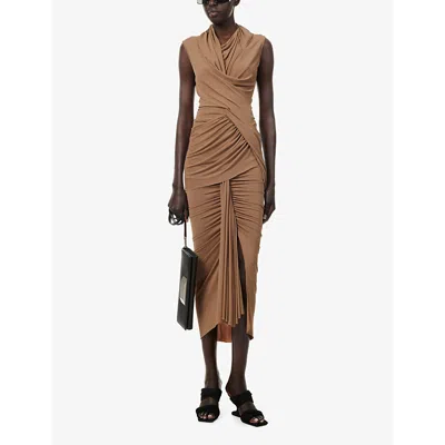 Shop Rick Owens Lillies Draped Slim-fit Mid-rise Stretch-woven Midi Skirt In Nude