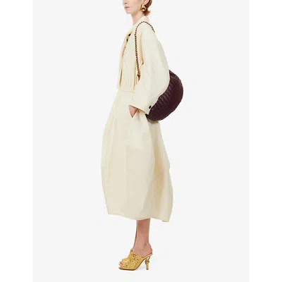 Shop Bottega Veneta V-neck Flared-hem Cotton Midi Dress In Parchment