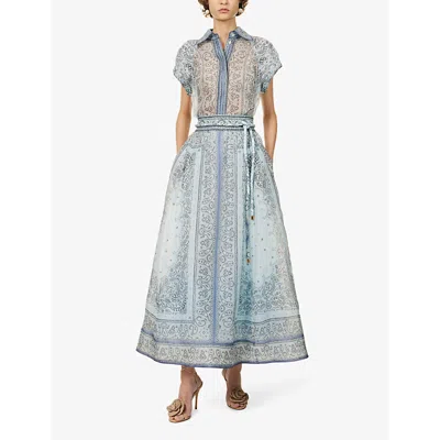 Shop Zimmermann Women's Blue Bandana Floral-pattern Belt-loop Linen And Silk-blend Midi Skirt