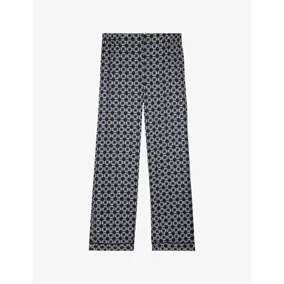 Shop The Kooples Womens Black White Geometric-print Straight-leg Mid-rise Woven Trousers