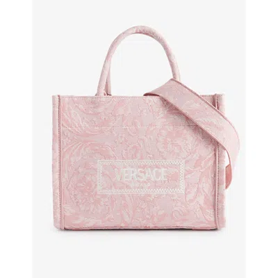 Shop Versace Women's Pale Pink English Rose Logo-print Detachable-strap Woven Tote Bag