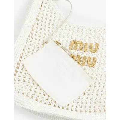 Shop Miu Miu Bianco/naturale Logo-embroidered Cotton-knit Tote Bag
