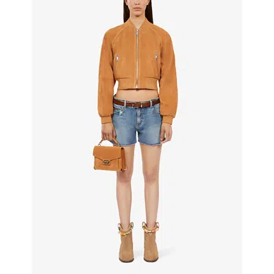 Shop The Kooples Women's Camel Stand-collar Cropped Suede Bomber Jacket