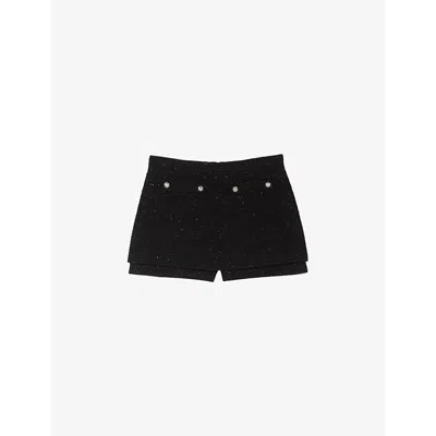 Shop Maje Women's Noir / Gris Jewelled Button-embellished Tweed Shorts