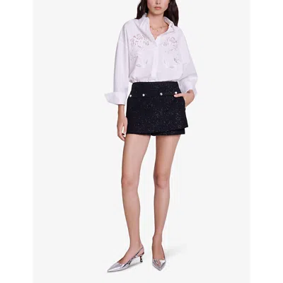 Shop Maje Women's Noir / Gris Jewelled Button-embellished Tweed Shorts