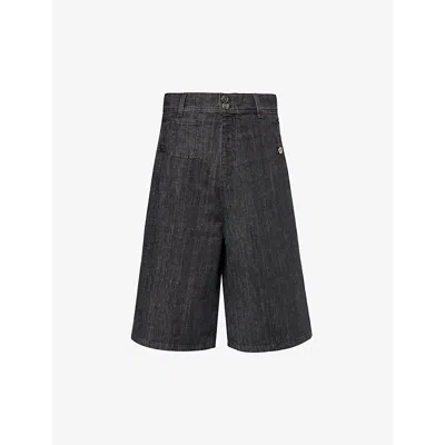 Shop Etro Men's N0035 Appliqué-embellished Wide-leg Stretch-denim Shorts