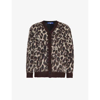 Shop Junya Watanabe Mens Brown Blk Leopard-pattern Fuzzy-knit Cotton-blend Cardigan