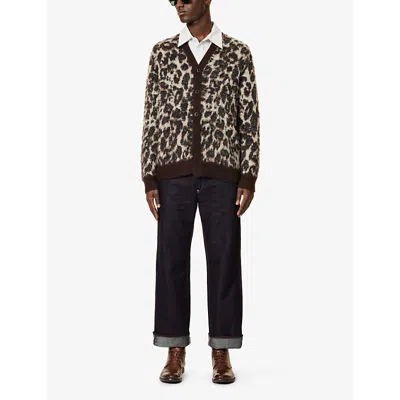 Shop Junya Watanabe Men's Brown Blk Leopard-pattern Fuzzy-knit Cotton-blend Cardigan