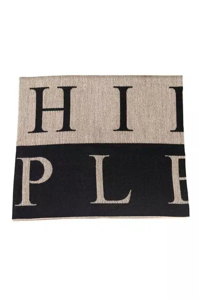Shop Philipp Plein Wool Blend Logo Scarf With Fringed Men's Hems In Beige