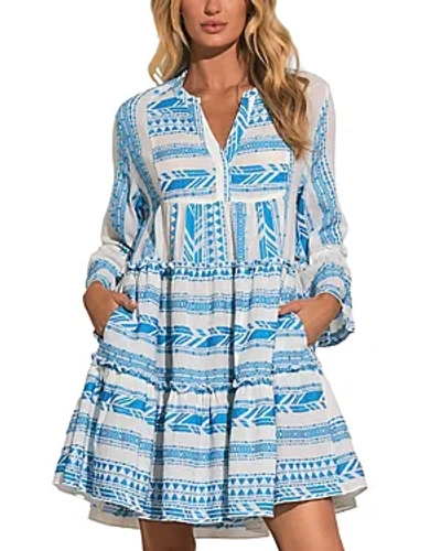 Shop Elan Printed Tiered Dress In White/blue