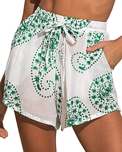 Shop Elan Elastic Waistband Printed Swim Cover Up Shorts In White Green