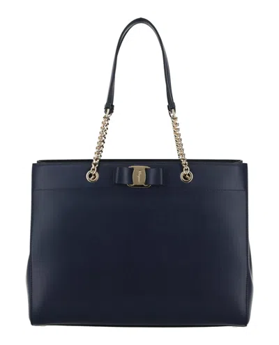 Shop Ferragamo Vara Bow Smooth Leather Shoulder Bag In Blue