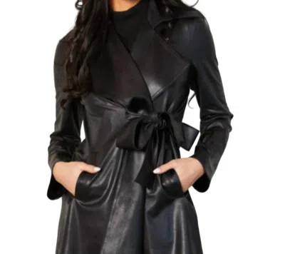 Angel Apparel Vegan Leather Collar Belted Trench Jacket With Pockets In Black In Black