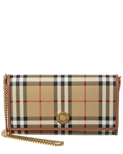 Shop Burberry Check E-canvas & Leather Wallet On Chain In Beige