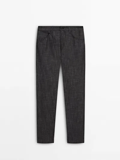Shop Massimo Dutti Cotton And Linen Blend Straight-leg Jeans In Grey