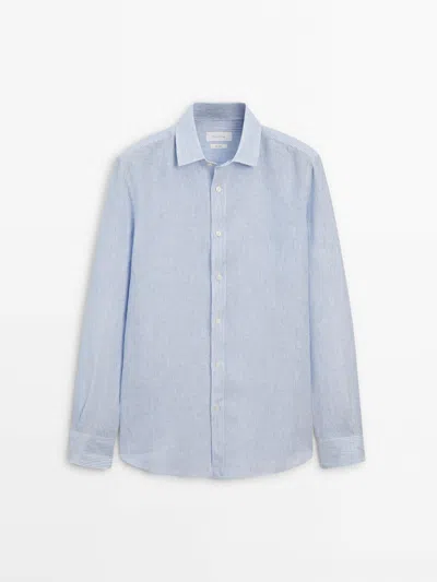 Shop Massimo Dutti Regular-fit Striped 100% Linen Shirt In Sky Blue