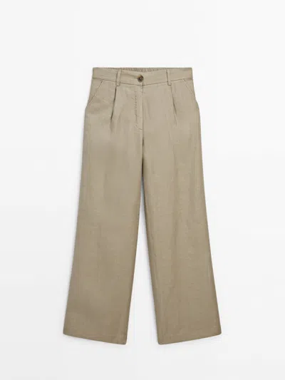 Shop Massimo Dutti Wide-leg Linen Trousers In Mole Brown