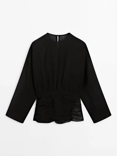Shop Massimo Dutti Semi-sheer Blouse With Sash Belt Detail In Black