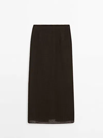 Massimo Dutti 100% Waffle-knit Linen Skirt In Chocolate