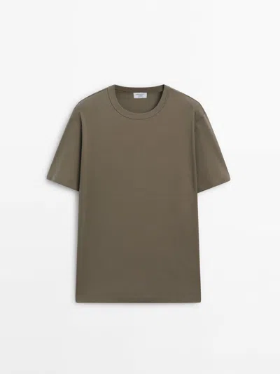 Shop Massimo Dutti Short Sleeve Cotton T-shirt In Khaki
