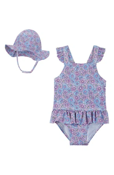 Shop Andy & Evan Bubble Ruffle One-piece Swimsuit & Hat Set In Purple Floral