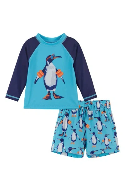Shop Andy & Evan Long Sleeve Two-piece Rashguard Swimsuit In Aqua Penguin