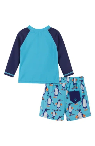 Shop Andy & Evan Long Sleeve Two-piece Rashguard Swimsuit In Aqua Penguin