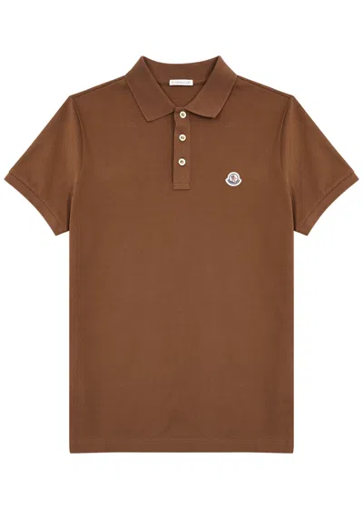 Shop Moncler Logo Piqué Cotton Polo Shirt In Brown