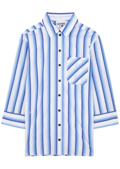 Shop Ganni Striped Cotton-poplin Shirt In Blue