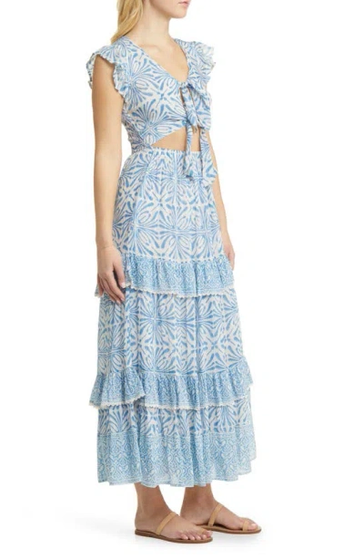 Shop Alicia Bell Cutout Tie Front Cotton & Silk Cover-up Maxi Dress In Blue Psychedelic