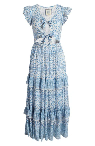 Shop Alicia Bell Cutout Tie Front Cotton & Silk Cover-up Maxi Dress In Blue Psychedelic